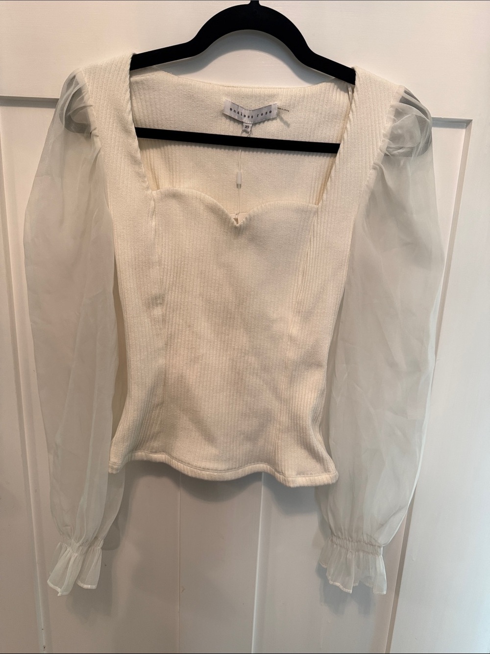 Endless Rose Cream Ribbed Knit Top with Sheer Puff Sleeves